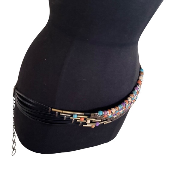 Boho Beaded Waist Belt‎ Colorful Wood Metal Chain Adjustable preloved OS - Picture 4 of 10